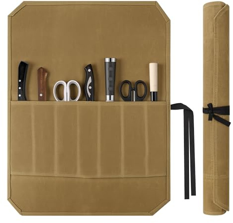 Sac Roulé À Couteaux Pour Chef, Housse Imperméable En Toile Cirée Avec 7 Emplacements, Rouleau À Couteaux Ciré Résistant, Idéal Pour Camping Randonnée Cuisine, Cadeau Parfait Pour Homme Et Père Noir