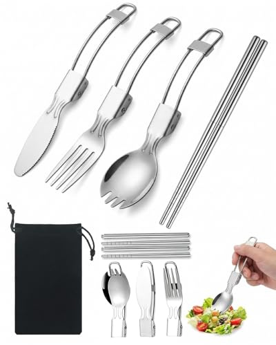 RAMGLYO Juego de Cubiertos Plegables 4 Piezas Acero Inoxidable. Kit Portátil Negro con Cuchillo, Tenedor, Cuchara y Palillos para Camping, Viajes. Reutilizable con Estuche.