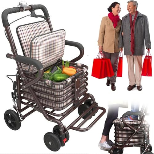 Vikbar matvagn på hjul, lätt shoppingvagn för äldre, justerbar höjd rullator med säte, stöder upp till 100 kg