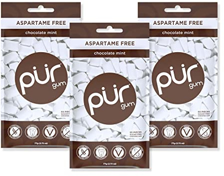 PUR Gum | Gomma Da Masticare Senza Zucchero | Con Xilitolo | Vegana, Senza Aspartame e Senza Glutine | Gomma Naturale Al Sapore Di Chocolate Mint, 55 Pezzi (Confezione da 3)
