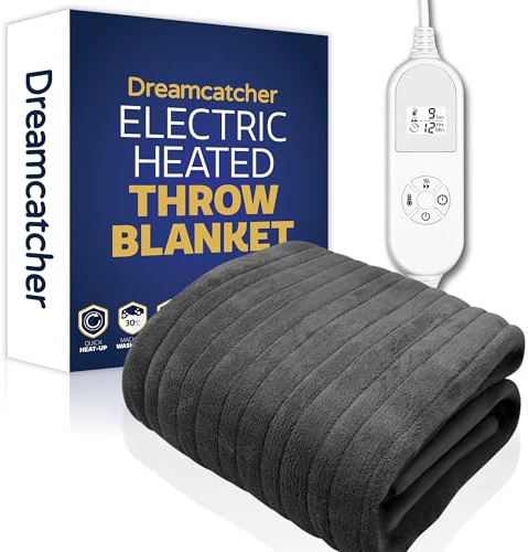 Dreamcatcher Heated Throw Blanket, 9 Heat Settings, 12HR Timer, Dark Grey | Soft 160 x 120cm microfleece heated throw with 9 heat settings, 12-hour timer, detachable controller and 2m cable.