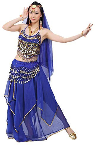 G-LIKE BellyQueen Tanz Kostüm Bauchtanz Kleid - Orientalischer Tanz Arabisch Sexy Professionelle Farbenreiche Kleidung Set Outfit für Tänzerin Damen - Chiffon - 5 Stück (Blau)