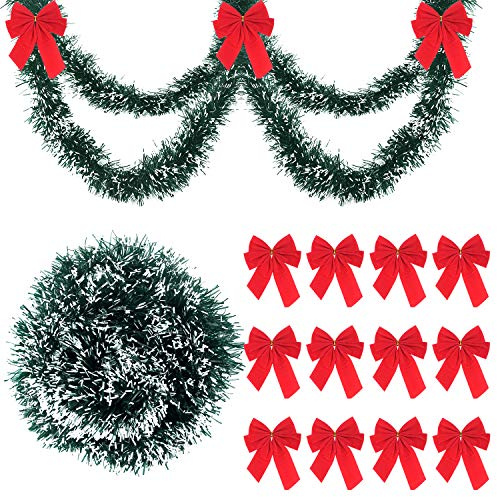 FEPITO 12m/39ft Weihnachten Kiefer Girlande Künstliche Kiefer Kranz Weihnachtdekorationen mit 24 Stück Holiday Red Weihnachtskranz Bögen, Weihnachten Greenery Garland Dekorationen