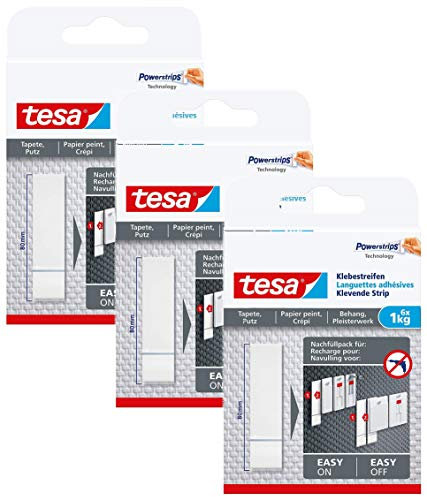 tesa Klebestreifen zum Befestigen auf Tapete & Putz, 1 kg Halteleistung | 3er Pack