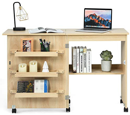 DREAMADE Nähtisch Nähmaschinenschrank Faltbar, Nähschrank Nähmöbel, Mehrzwecktisch mit 4 Rollen (Holzfarbe)