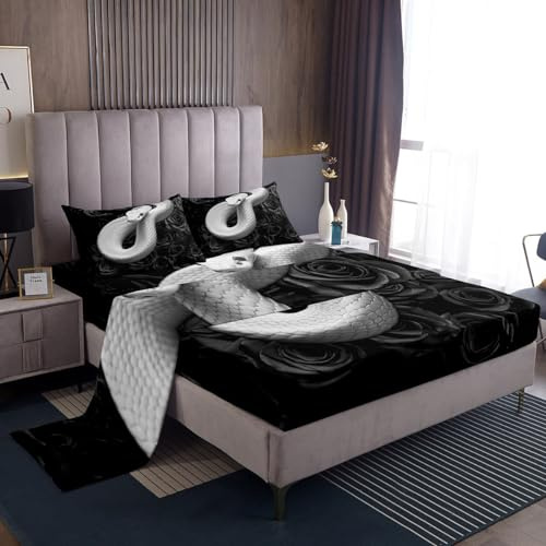 Castle Fairy Snake Fitted Sheet Set Full Size 4 Pcs, Black Rose Flowers Rustic 3D Coiled Snake White Reptile, Bedding Sets (1 Fitted,1 Flat,2 Pillowcases) Luxury Deep Pocket Bed Sheets