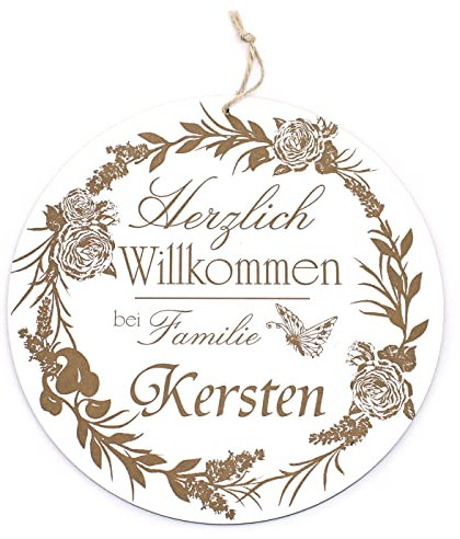 DEKO-LANDO Willkommensschild Rund Holz Türschild - Herzlich Willkommen bei Familie Wunschname Haustürschild Vintage Ø 20 cm, Weiß