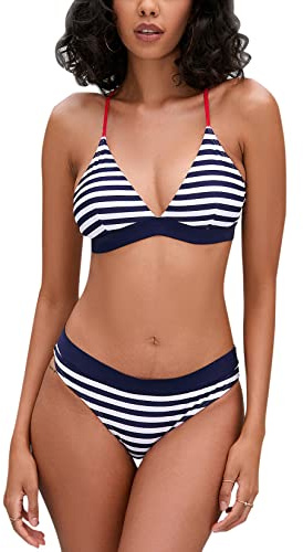 iSLASISIA Women’s Bikini Swimsuit Criss Cross Back Triangle Bikini Tie Back Bikini Set Two Piece Swimsuits (Blue & Stripes,UK14)