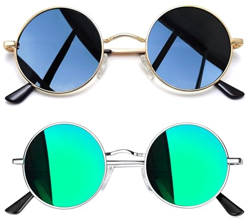 Joopin 2er-Set Sonnenbrillen Herren Rund Retro Brille Damen Hippie UV400 | Polarisiert, Metallrahmen, Klein, Schmal, Steampunk, Unisex, 30°-Flex-Scharnier, Alltag, Festivals, Partys, Halloween