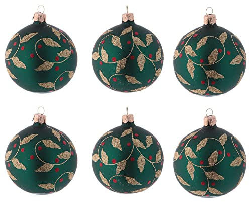 Holyart Boules de Noël Verre Vert décoration fragon Faux Houx doré 80 mm 6 pcs