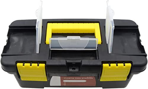 ANMOO Small Tool Box Empty, Lockable Plastic Toolbox with Extra Removable Tray Protable Multi-Compartment Tool Box Organiser For Tools Organization（10inches）