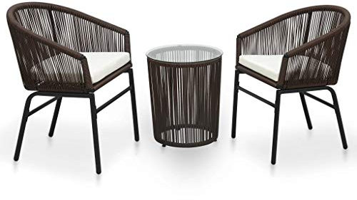 Mogou 3-TLG. Bistro-Set mit Kissen, Bistrotisch Mit 2 Stühlen, Gartenset Tisch Und Stühle, Balkontisch Klein, Bistroset, PVC Rattan Braun