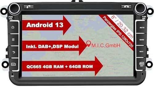 M.I.C. AV8V7-Pro Android 13 Autoradio mit navi Qualcomm Snapdragon 665 6G+128G Ersatz für VW Golf t5 touran Passat RNS RCD Skoda SEAT: SIM DAB Plus BT 5.0 WiFi 2din 8 IPS Panzerglas Bildschirm USB