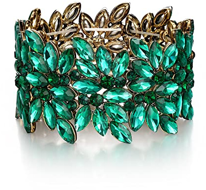 EVER FAITH Pulsera Elástica Art Deco Vintage Ronda de Cristal en Forma de Marquesa para Fiesta Prom Verde Tono Dorado