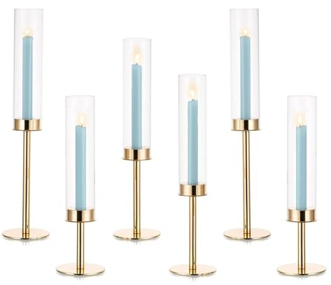 Inweder Kerzenständer Stabkerzen Kerzenhalter Gold - Satz von 6 Kerzenhalter Stabkerze mit Abnehmbarem Glas Windlicht Goldene Kerzenständer Kerzen Ständer Hochzeits Tischdeko Wohnzimmer Home Deko | Winddichtes Zylinder-Design, Hochzeitstisch-Mittelstücke, für Geburtstagsparty, Heimdekoration, Weihnachtsgeschenk