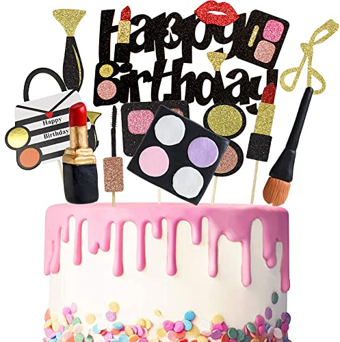 HGSHUO Make Up Tortendeko Geburtstag Kuchen Deko Lippenstift Torte Deko Kosmetik Cake Topper Happy Birthday Kuchendeko Makeup Cupcake Toppers Brautparty Bachelorette Make Up Themen Party 11 Stück