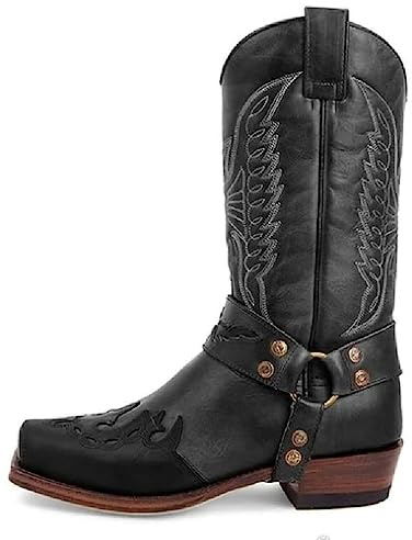 CRETUAO Bottes Western Cowgirl Knight pour Femme,Bottes mi-Mollet rétro Bout carré, Broderie Classique Botte décontractée Traditionnelle Campagne, Bottines Moto en Cuir pour Homme,Noir,43 EU