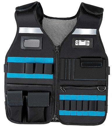 Milageto Reflektierende Sicherheits-Werkzeugweste mit mehreren Taschen, robuste Werkzeugweste, Sicherheitsweste, Elektriker-Werkzeugtasche für Unisex, Blau