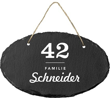 Schiefertafel mit Hausnummer (oval) | personalisiert mit Familiennamen | Türschild zum Aufhängen | individuelle und dekorative Geschenkidee |
