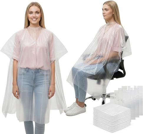 FATASH Disposable Hairdressing Cape 50 Pack – Full Length Waterproof Barber Gown – Thick Transparent Plastic Salon Apron for Hair Cutting & Colouring – Unisex Professional & Home Use