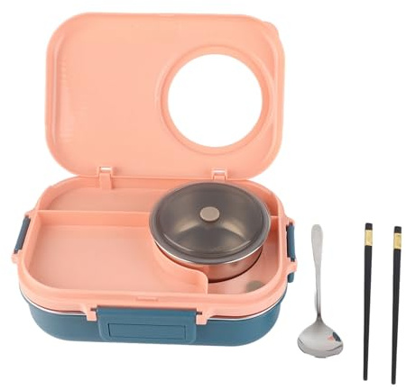 Ejoyous Recipiente Térmico de Acero Inoxidable, 1100 ml, Lonchera con Aislamiento, Dos Capas, 3 Compartimentos, Rosa, a Prueba de Fugas con Tazón de Sopa