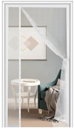 Magnet Fliegengitter Tür Fliegenvorhang Automatisches Schließen, 175x265cm Mückenschutz, Magnetvorhang ist Ideal für Wohnzimmer,Weiß
