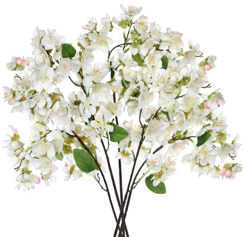 Oairse 5er-Set Künstliche Apfelblüte Künstliche Kirschblütenzweige Deko 56cm Kunstblumen Wie Echt Frühlingsblumen Kunstzweige für Tischdeko Zuhause Tisch Hochzeits Büro Dekoration, Weiß