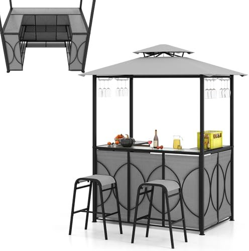 HOMASIS Gazebo per Barbecue con Banco da Bar e 2 Sgabelli, Gazebo Esterno Resistente con Doppio Tetto, Pergolato Resistente alla Pioggia e al Fuoco (Grigio, 194 x 121 x 242 cm)