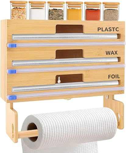 4-in-1 Bamboo Wooden Tin Foil Dispenser With Cutter & Paper Holder For Aluminum Foil,Cling Film,Parchment Paper,Cling Film Dispenser For Kitchen Cabinet Drawer,Compatible With 12 Or Lower Roll