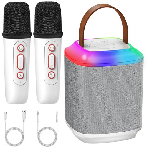 Qoosea Karaoke Maschine Kinder Tragbarer mit 2 Kabelloser Mikrofon, Mini Bluetooth Lautsprecher Perfekt für Party, Geburtstage, Familientreffen, Geschenk für Kinder & Erwachsene Karaoke - Weiß