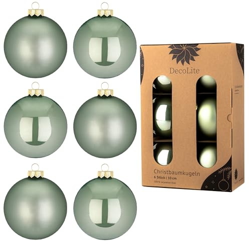 DecoLite Weihnachtskugeln Glas 10 cm, 6er Set, Salbei Matt-Glänzend | 6 Glaskugeln Ø 10 cm, innen echt versilbert, inkl. S-Aufhänger 3,8 cm, plastikfreie Kartonbox