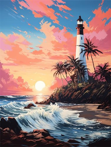 Malen Nach Zahlen Sonnenuntergang Leuchtturm Malen Nach Zahlen Kinder Anfänger,Malen-Nach-Zahlen ab 9 Jahre Mädchen Geschenke,Ölgemälde Set Pinseln Acrylpigment Leinwan,Wanddeko Wohnzimme 90x120cm