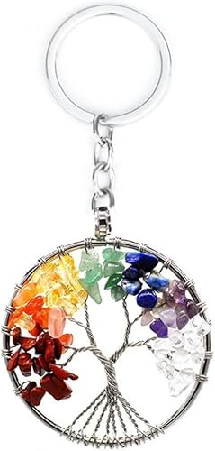 XFSRG Portachiavi Albero Della Vita Rotondo Ciondolo Pietre Naturali Cristalli Colorati Anello Metallico Accessorio Borsa