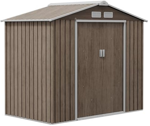 Outsunny Casetta da Giardino Porta Utensili in Lamiera di Acciaio con Fondazione, 2.42m² Capanno da Giardino in Acciaio con Porte Scorrevoli, 213x130x185 cm, Marrone Chiaro