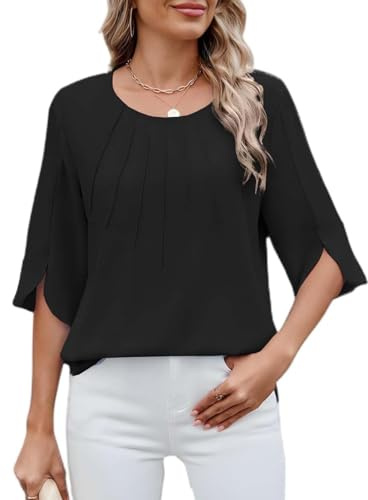 GUCURIN Camicia Donna Chiffon Camicetta Elegante 3/4 Manica con Scollo a Rotondo Casual Estivi di Colore Puro Blusa Leggero