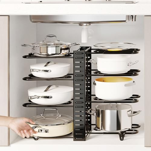Pan Organiser for Cupboard, 8-Tier Adjustable Pots and Pans Organiser Rack | Saucepan Storage, Pot Organiser for Cupboard, Heavy Duty Pan Stand & Saucepan Storage for Kitchen Counter, Cabinet, Black
