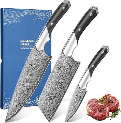 Golden Bird Damascus Kitchen Knife Set, 3 PCS Chef Knife Set Professional, Razor Sharp 67 Layers Damascus Japanese Knives Set for Kitchen with Wood Handle, Christmas Gifts for Men Women
