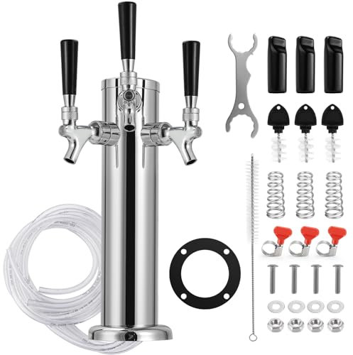 FZCXHONJ 3 Taps Beer Tower Kegerator Tower Keg Tower Stainless Steel Beer Tower Dispenser Beer Tap Faucet Kegerator Parts Beer Tap Tower Kegerator Tap Kit with Spring Pre-installed Beer Lines