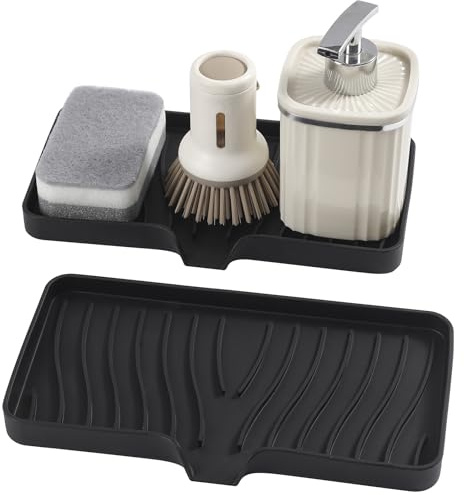 Leadfun Spülbecken Organizer Silikon Schwammhalter 25cm x 13cm, Küche Badezimmer Organizer für Schwämme, Bürsten, Seife, Abtropfmatte Silikon, Spülmaschinenfestes（Schwarz, 2 Stück）