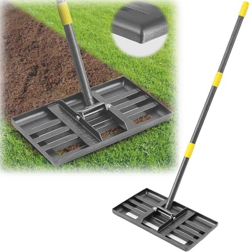 Rastrello livellatore per prato, piastra di base curva resistente da 17x10, manico lungo 58 per livellare il prato, rastrello per paesaggio per compost, terra, terra, sabbia, erba, torba, muschio