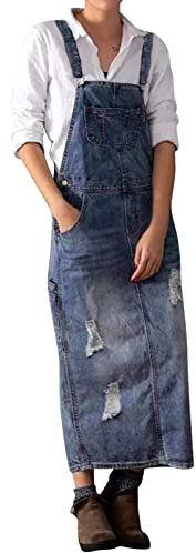 Salopette Donna Gonna - Vestiti Jeans Donna Lunghi Senza Maniche con Bretelle Lunghe Vestito in Denim Elasticizzati Buco Lavate Invecchiate Jeans Gonne con Tasche