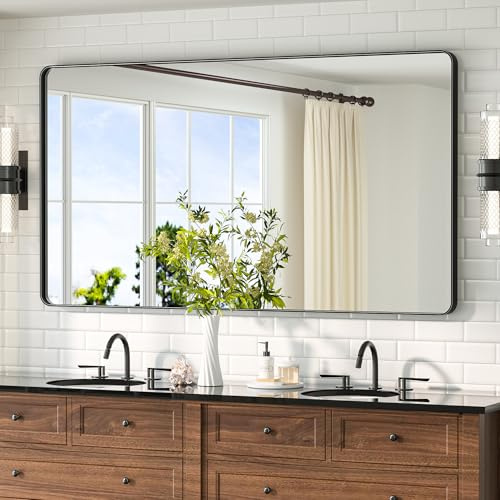 TETOTE 138x75cm Wandspiegel Schwarz Ohne Beleuchtung, Rechteckig Badspiegel mit Runder Ecke, Metallrahmen Badezimmer Spiegel für Waschbecken, Gehärtetes Glas Dekorative Spiegel