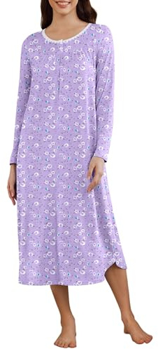 Ekouaer Women Nightgowns Soft Long Sleeves Comfy Ladies Nightdress Winter Nightwear Housecoat Sleepwear Purple Flower M