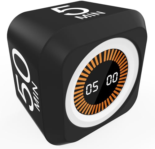 FCXJTU Cube rotatif avec minuteur visuel 5, 25, 10, 50 minutes préréglées | Préréglage 5, 25, 10 et 50 minutes + compte à rebours personnalisé, affichage LED, coque en silicone