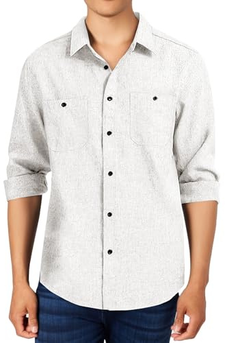Mens Shirts Long Sleeve Cotton Shirt Double Pockets Button Down Tops T-Shirt Casual Business Office Work Wear Blouses Playeras Negras para Hombre(White, M)