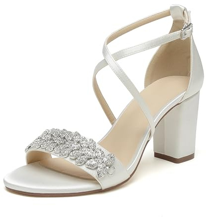 WeFloHsL Sandalias De Novia con Tacón Ancho Punta Abierta Satén con Pedrería Tiras Cruzadas Zapatos De Boda Fiesta,Marfil,39 EU
