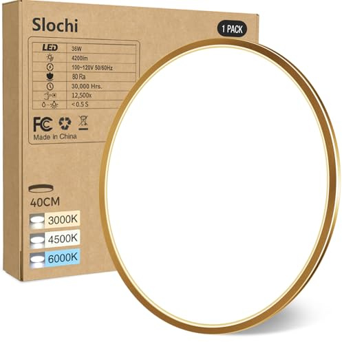 slochi Deckenlampe LED Deckenleuchte Flach 36W, Ø40CM, 3Farben 3000K/4000K/6500K, IP44 Badlampe, 4200LM Modern LED Lampe Decke Küchenlampe für küche Badezimmer Schlafzimmer Flur Wohnzimmer, Golden