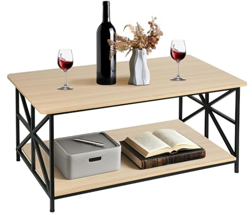 Willonin Tavolino da salotto moderno con 2 livelli di stoccaggio, X-Frame in metallo con gambe e vassoio di design, rettangolare, stile industriale, contenitore a due livelli, marrone chiaro e nero