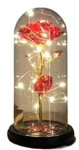 Ymnilian Rose Eternelle, Rose Eternelle sous Cloche Rose Magique éternelle en Feuille d'or 24 carats, dôme de Fleur, Guirlande Lumineuse féerique, Cadeau noël, Saint-Valentin, fête des mères(037)