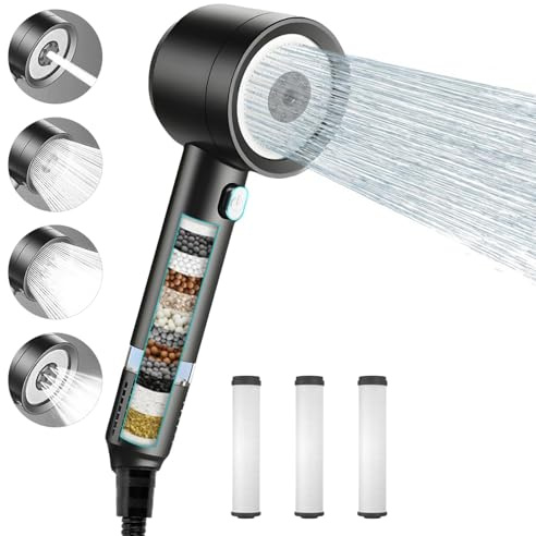 Pommeau de Douche Haute Pression avec 1.5m Tuyau et Support Pommeau de Douche Anti Calcaire Filtre Haute Pression Pomme avec 4 Modes de Jet pour Salle de Bain,Chromé